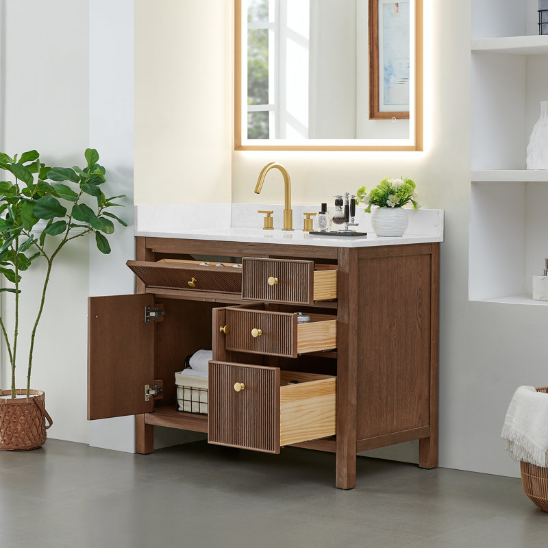 Lala 42" Single Bathroom Vanity with Grain White Engineered Stone Countertop without Mirror, Brown Brushed Oak