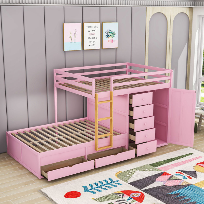 Lit superposé double au-dessus de double avec tiroirs de rangement intégrés et garde-robe, échelle, Rose Sakura