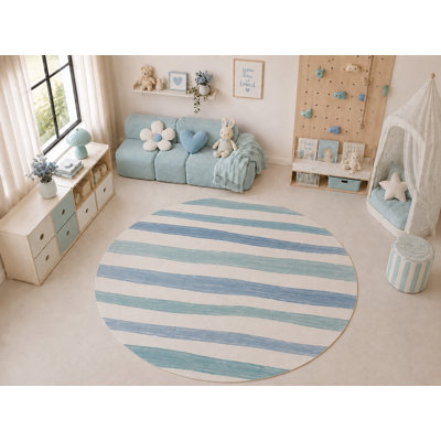 Tapis rond à rayures bleues « ultra-fin » 183 x 183 cm, doux et léger, idéal pour la chambre d'enfant, la chambre de bébé, la salle de jeux, le salon et la décoration intérieure.