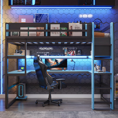 Lit mezzanine simple en bois avec bureau, support de rangement latéral, tablettes multiples et lumière RVB