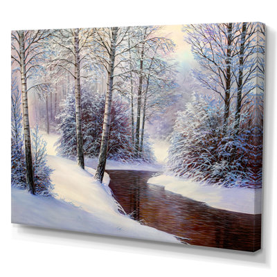 Forêt de Noël avec rivière II - art mural traditionnel sur toile