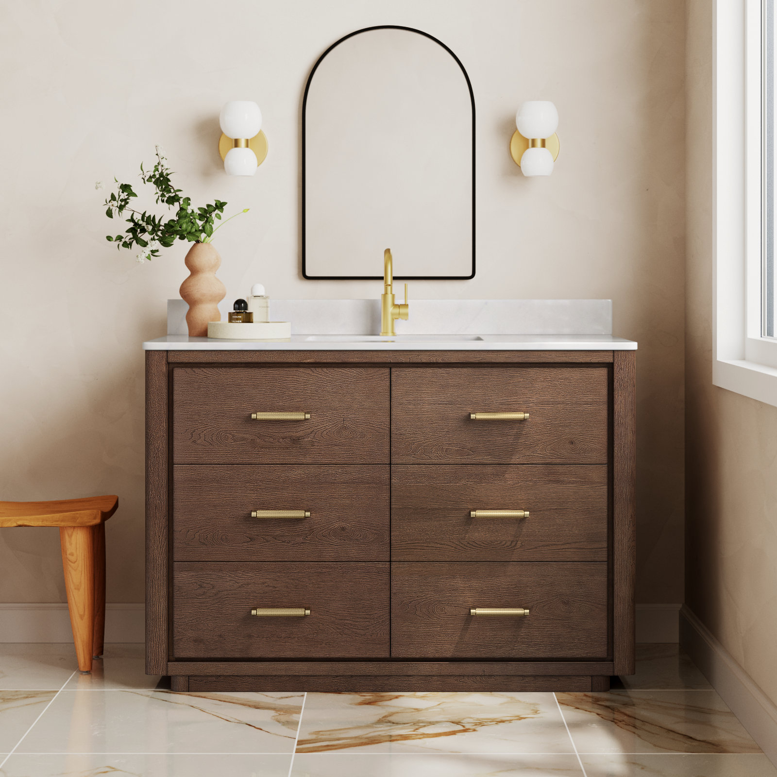 Porto 48'' Single Bathroom Vanity, Dark Brown Oak, Gold