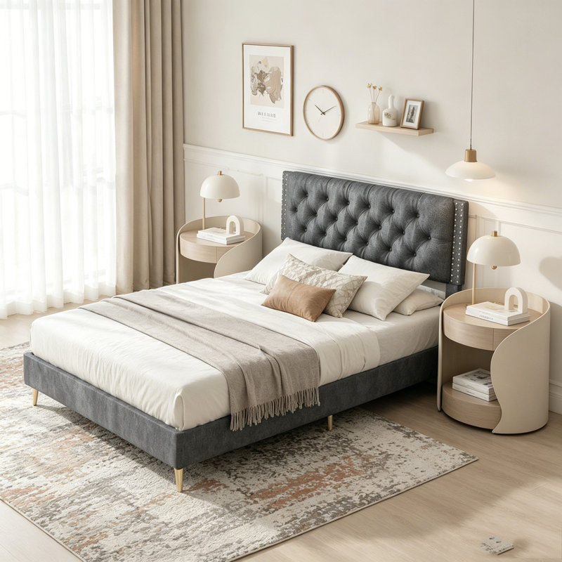 Structure de lit en velours, Lit double, Gris