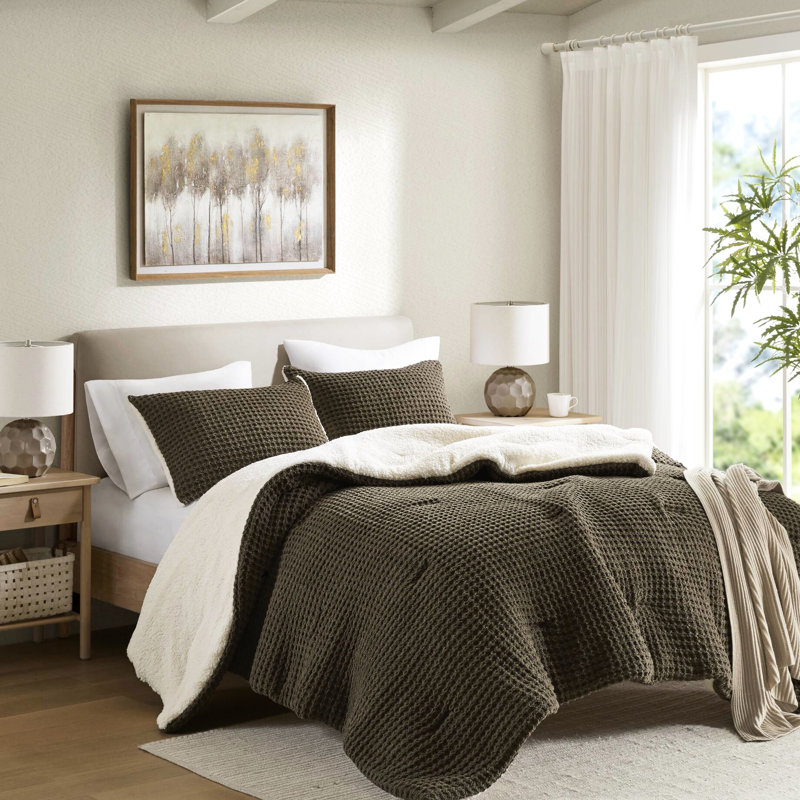 Édredon simple en chenille tricoté gaufré, 100%, 2 taies décoratives, réversible, lavable à la machine et bourre de taie décorative, dossier, lavable, mélange brun-grisâtre