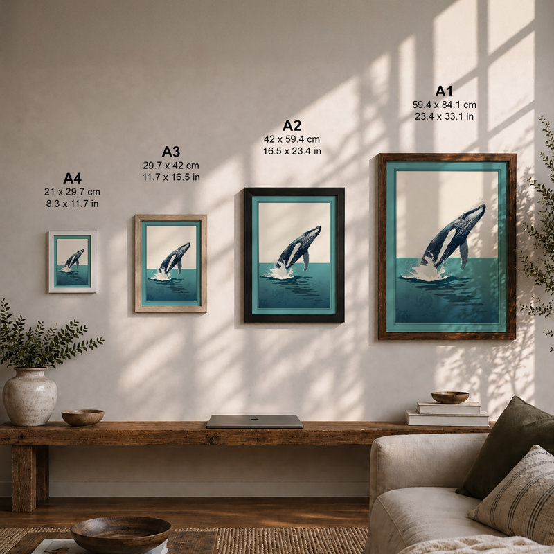 Breaching Whale Coastal - Framed Print, A2 - 59.4 x 42.0 cm, Oak