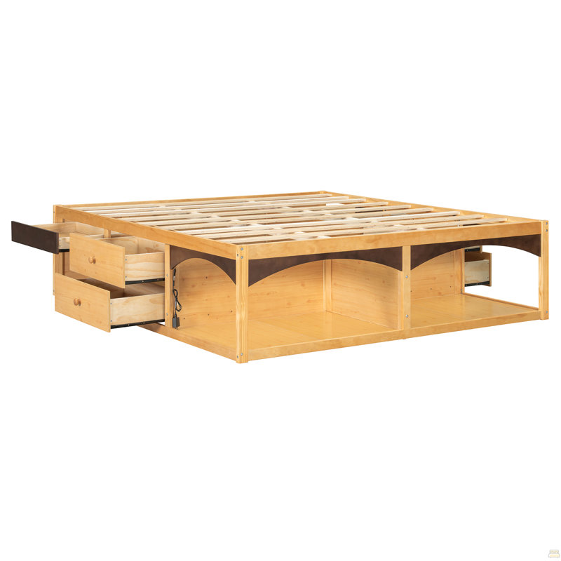 King Bed Frame with Storage Drawers, No Headboard Platform Bed, Pet-Friendly Design, No Box Spring Needed, Modern Minimalist Style-Natural
