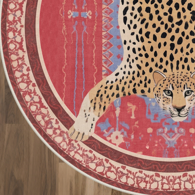 Alinda Leopard Print Performance Pink Machine-Washable Area Rug, Round 5', Pink