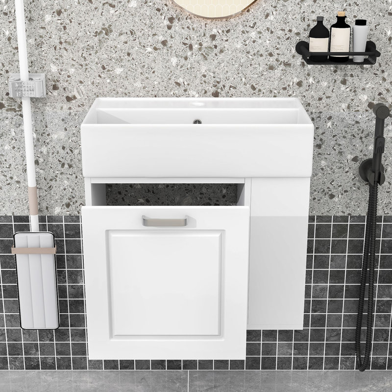 Meuble-lavabo mural flottant avec lavabo, tablettes réglables, Blanc