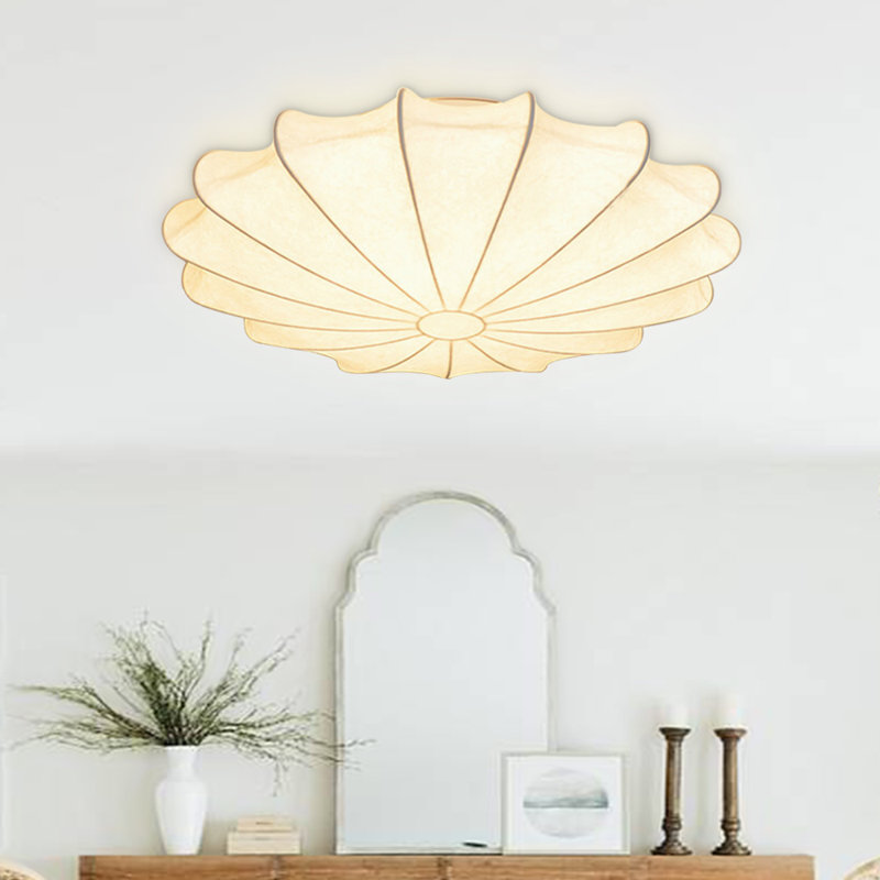 Scandinavian Cream White Silk Fabric Petal Semi Flush Ceiling Light , 1-Light