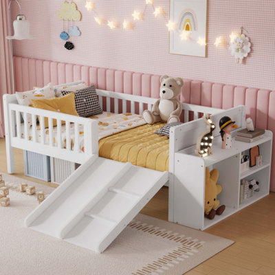 Low Loft Bed for Kids with Slide, Movable Bookshelf Storage, Guardrails, Low Loft Bed Frame for Kids
