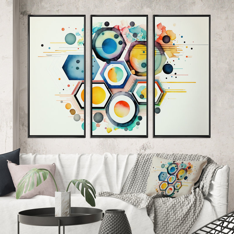 «Diamanto Hexagon and Circular Abstract III», reproduction de 3 pièces, Cadre noir, H 28 po x l 36 po x P 1 po