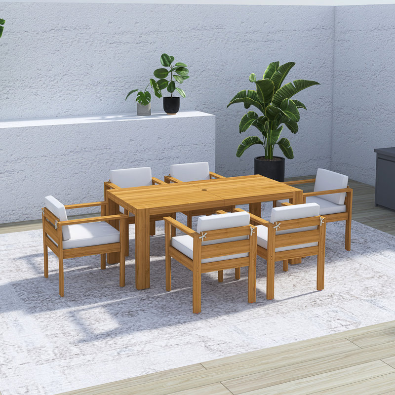 7 Piece Patio Table And Chairs Set, Light Teak
