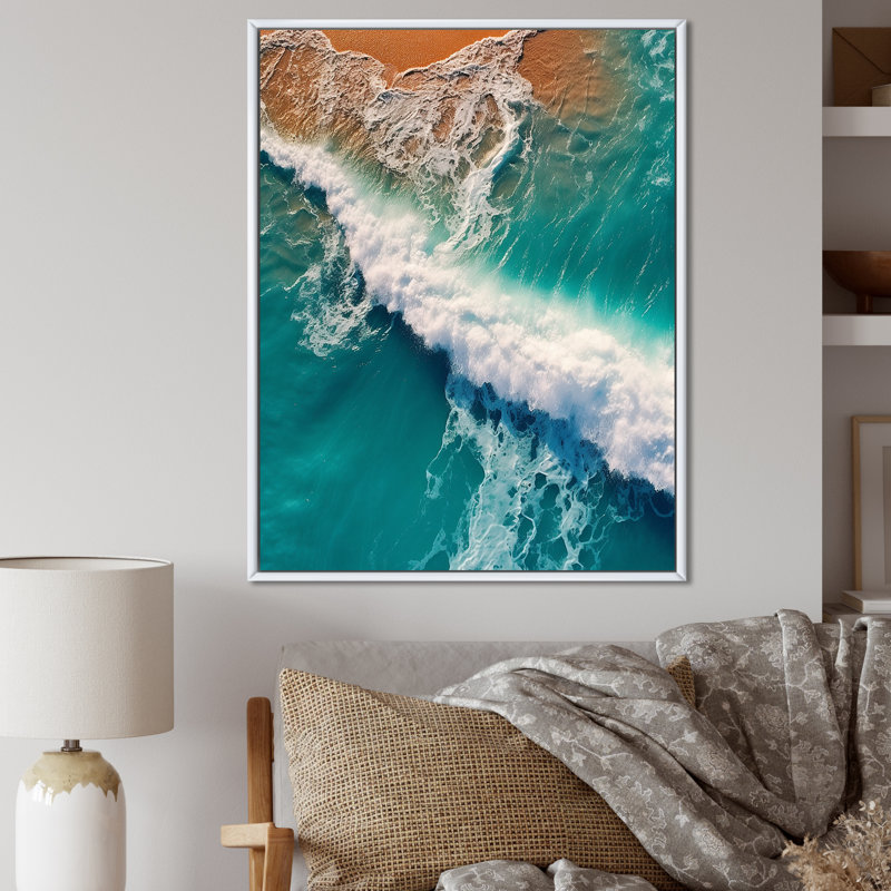 Photographie aérienne de vagues turquoise se brisant - reproduction, H 20 po x l 12 po x P 1 po, Cadre flottant blanc