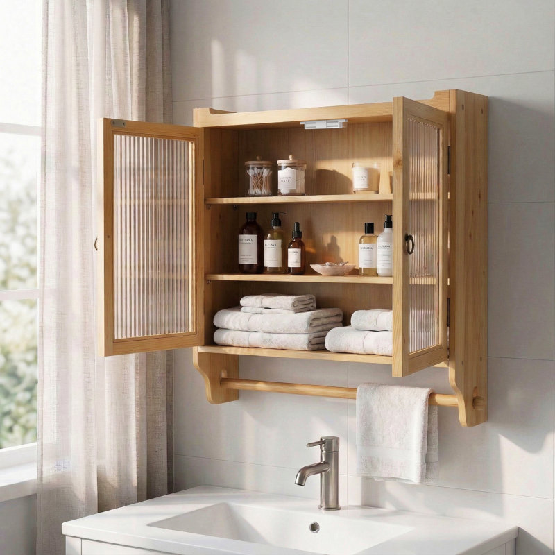 Armoire de rangement pour salle de bain à 3 niveaux Vintage, Naturel