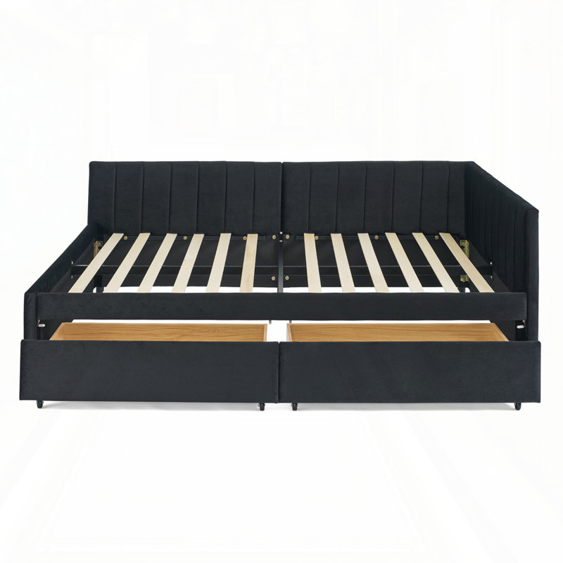 Full Size Upholstered Tufted Bed Frame with Drawers, Black