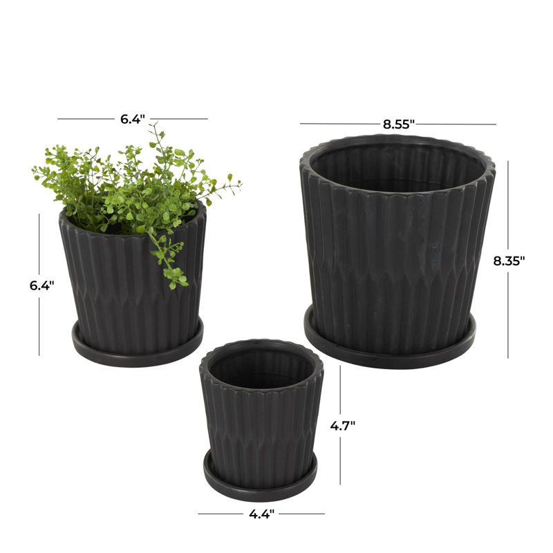 Cole And Grey 3 Piece Ceramic Ribbed Planter With Attached Saucer Set, Black
