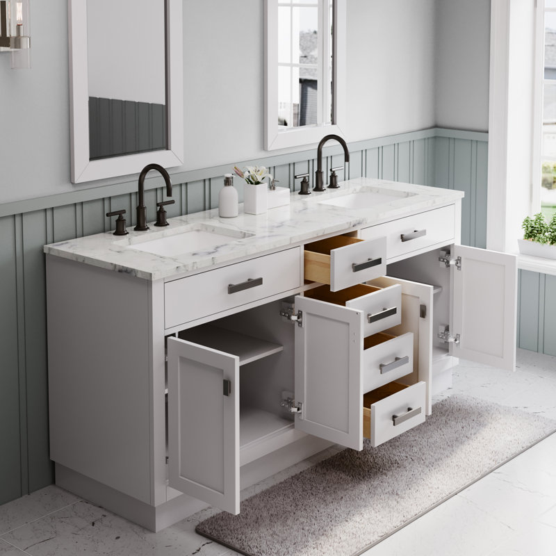 Hartford 72" Carrara White Marble Countertop Bath Vanity in Pure White with Faucet