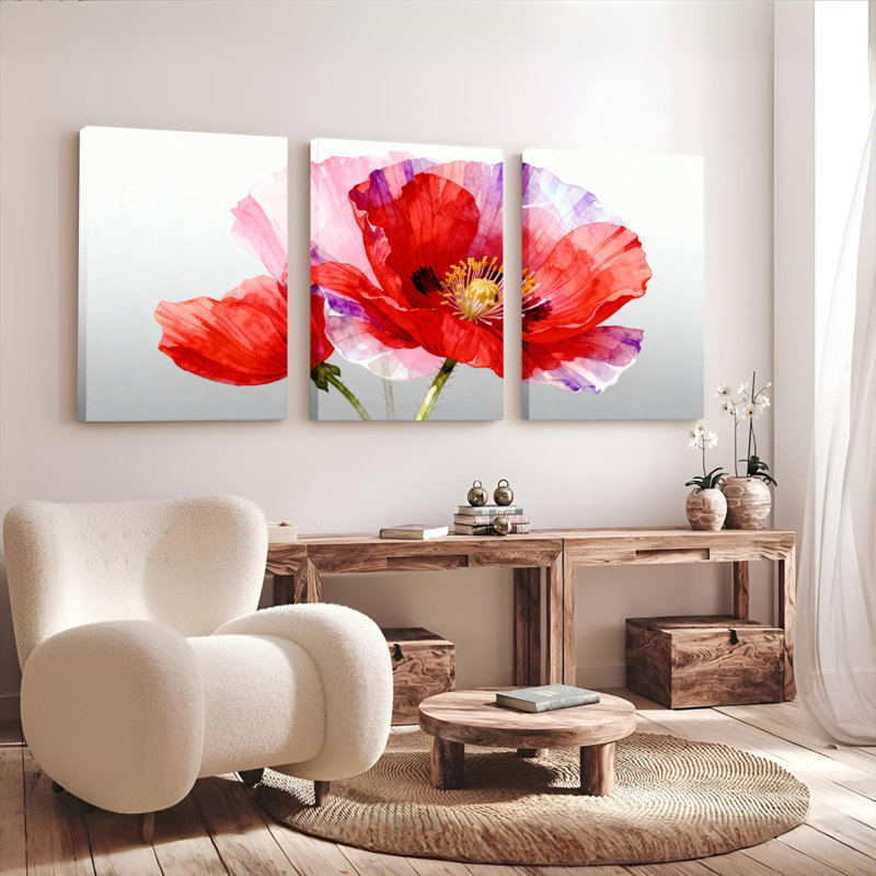 Tableau aquarelle floral de coquelicots rouges sur toile tendue (lot de 3), H 18 po x l 36 po