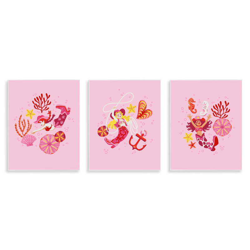 " Coral Cowgirl Mermaids " 3 Piece Art Graphic Art Set