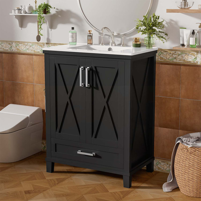 Meuble-lavabo moderne avec lavabo, rangement intelligent avec tiroir et tablettes, Black