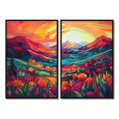Vibrant Sunset Shining Over Mountains I - Orange Wall Art 2 Pieces
