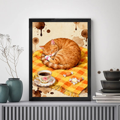 Art mural rétro noir, "Le chat sur la couverture de pique-nique et le café", impressions encadrées de style rétro