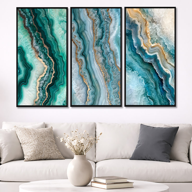 «Agate Dream River III - Green Geode», ensemble de 3 toiles d'art encadrées, H 32 po x l 48 po, Cadre flottant noir