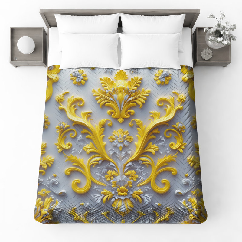 Couvre-lit matelassé à motif floral jaune, Double