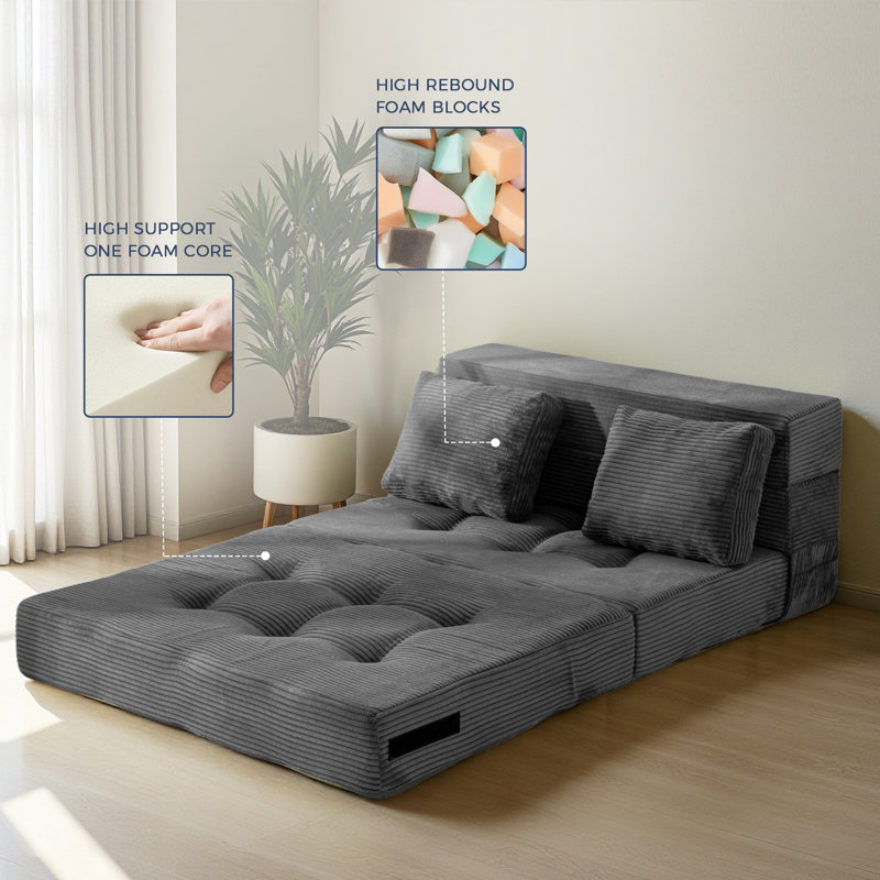 Boneless Corduroy Convertible Sofa Bed ,Floor Sleeper Sofa, Dark Gray, 24" H x 39.5" W x 29.5" D