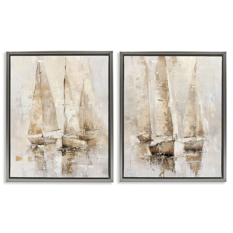  Ensemble de 2 voiliers encadrés neutres par Nina Blue, H 31 po x l 25 po, Cadre flottant gris lustré