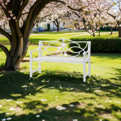 Banc de jardin pour l'extérieur, banc de parc en acier et métal avec dossier et accoudoirs, siège à lattes pour le parc, la cour et le porche, balcon, peut accueillir 2 à 3 personnes, blanc