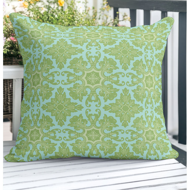 Coussin décoratif en damas pour l'extérieur, Green, Square 18"
