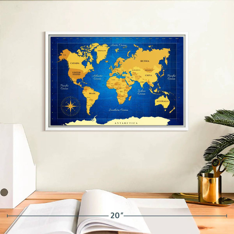 Carte du monde jaune, 13 po x 9 po, Cadre flottant blanc