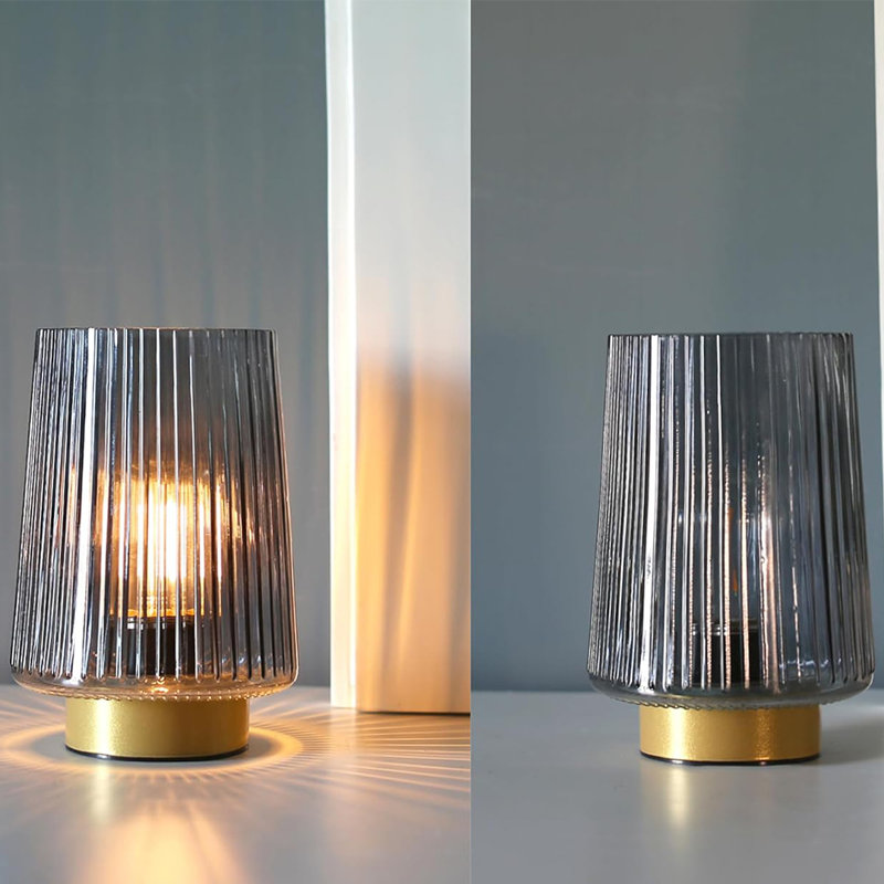 Gray Glass Cordless Battery Operated Table Lamp with Timer