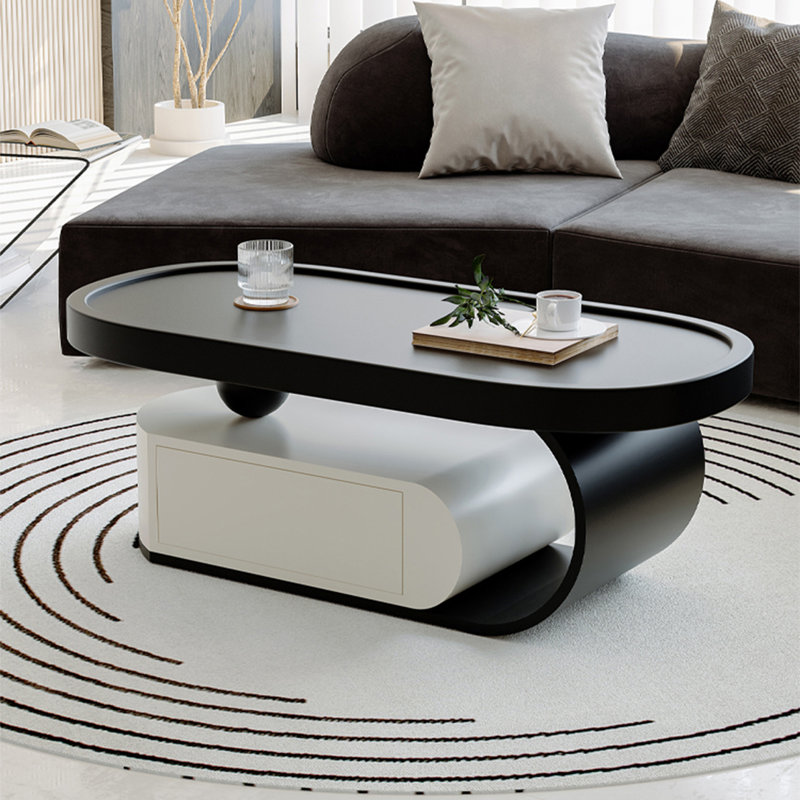 Modern simple oval shaped coffee table, Black, Black/White, 16.5" H x 43.3" L x 23.6" W