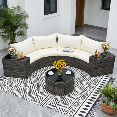 Ensemble de conversation modulaire en osier 7 pièces avec conversation et coussins 7 pièces, beige