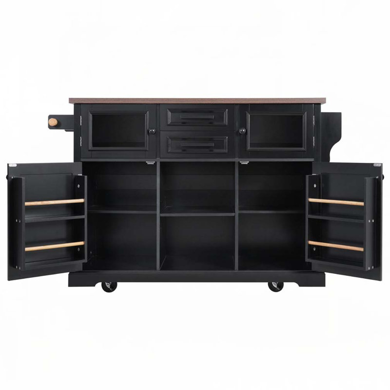Kitchen Island with Drop Leaf, Power Outlet, Kitchen Storage Cart with 4 Door Shelves, Cross Barn Doors & Visual Glass Door, Rolling Kitchen Island on 4 Wheels for Kitchen