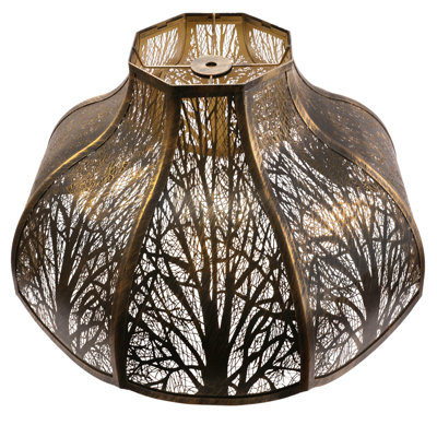 Abat-jour octogonal de grande taille, bronze doré antique, 15 cm en haut x 43 cm en bas x 28 cm de haut, en forme de lotus, motif forêt gravé, pour lampe de table ou lampadaire.