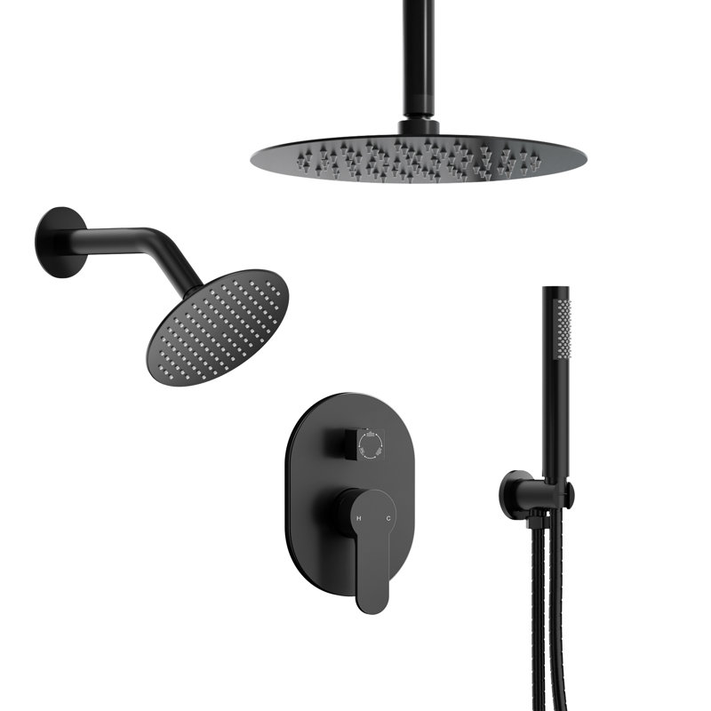 Ceiling Mount High-Pressure Rainfall Shower Faucet, Dual Showerheads System with Rough-in Valve, Handheld Shower, Matte Black