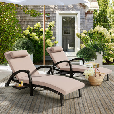 Outdoor Chaise Lounge Chairs Set Of 2, 5-Position Adjustable PE Wicker Patio Pool Lounge Chair With Cushion, Pillow, Pull-Out Side Tray & Rubber Wheels, Heavy Duty For Poolside Backyard Deck Porch