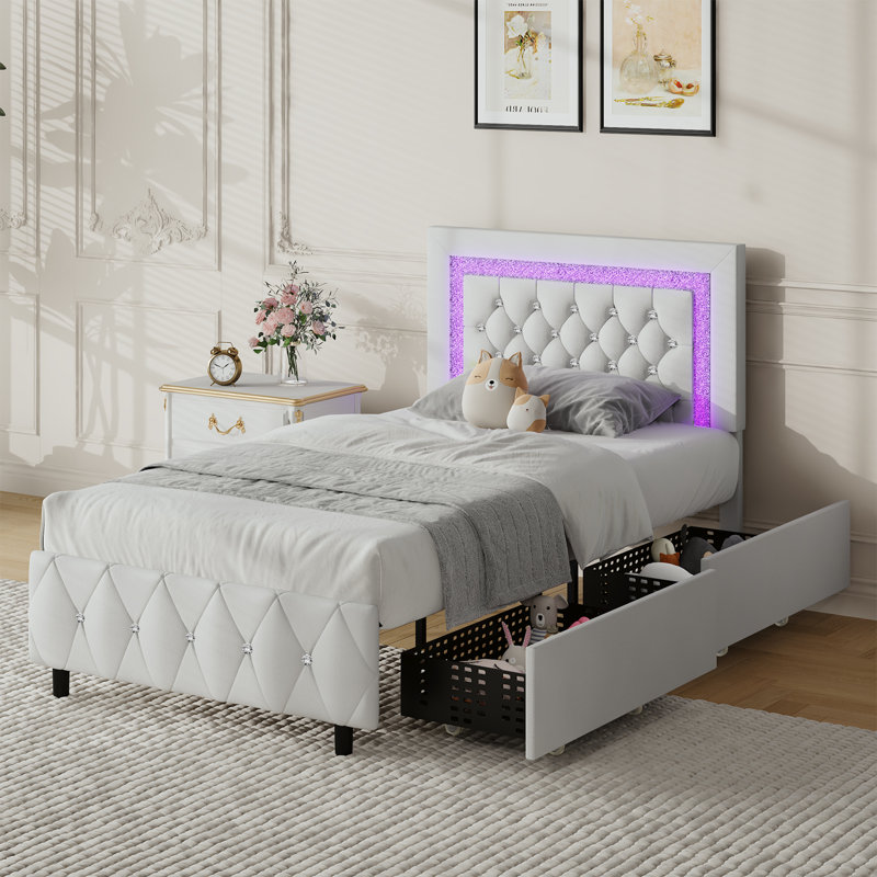 Cadre de lit plateforme tapissier avec lumières DEL et tiroirs de rangement Alber, Lit simple, Blanc