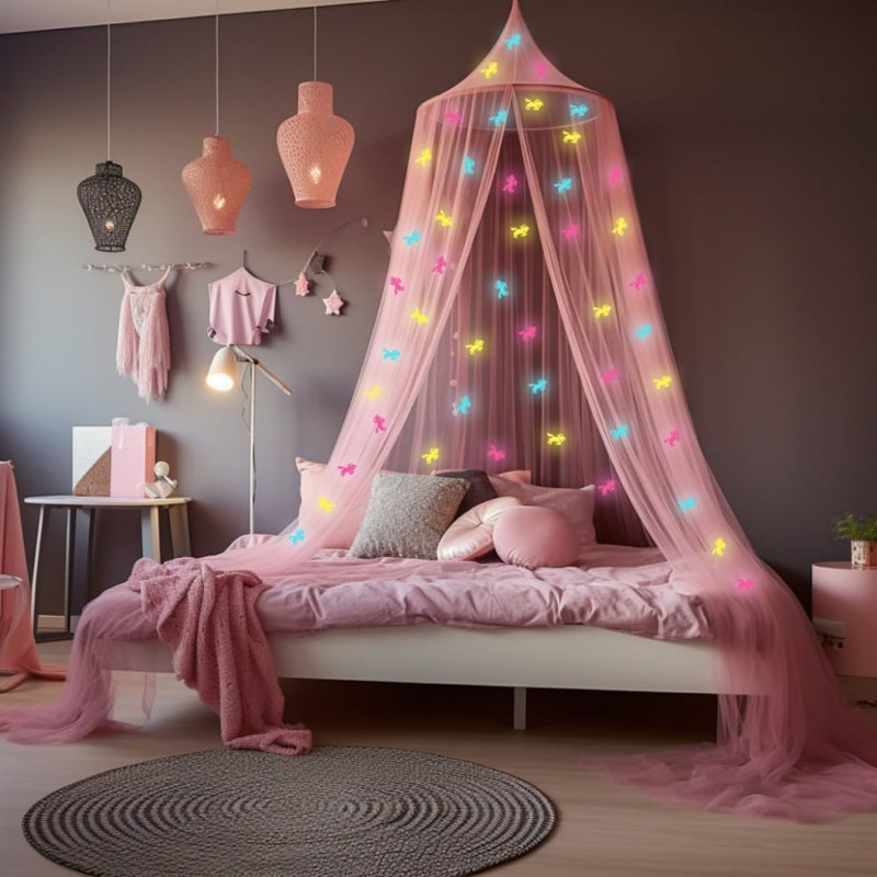 Bed Canopy For Girls With Pre-Glued Glow, Pink, 400 X 90Cm