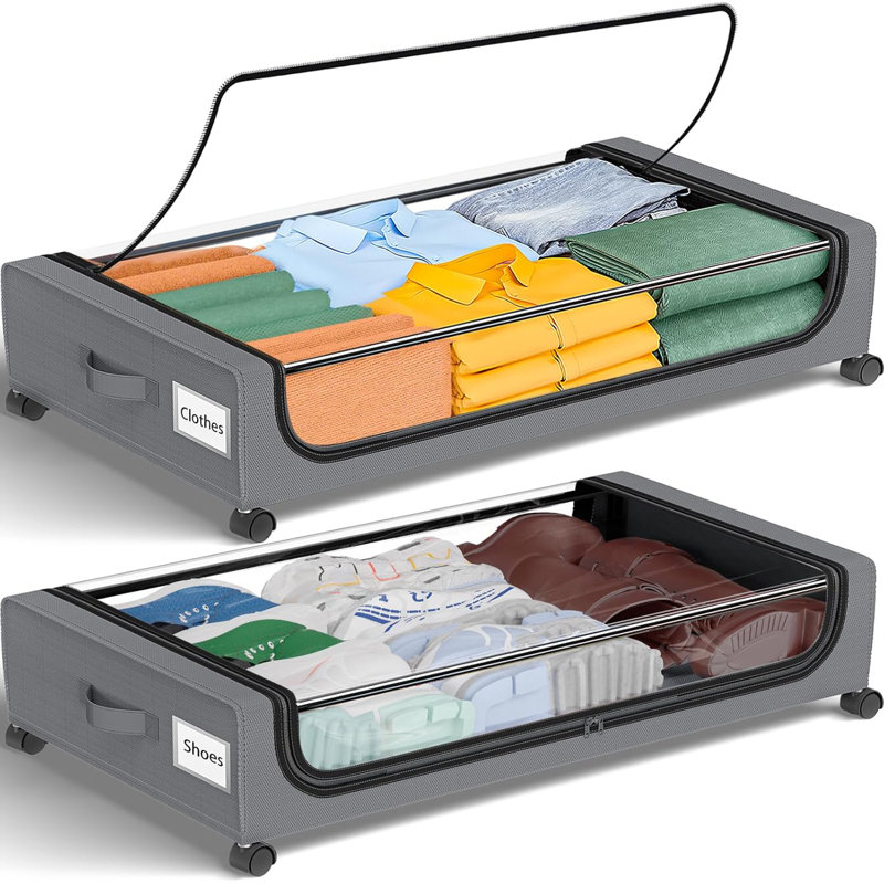 Under Bed Storage With Wheels 48L Underbed Storage Containers With Lids - Rolling Bins For Shoes Clothes In Dorm Bedroom - Metal Drawers Easy Pull-Out Grey 2-Pack