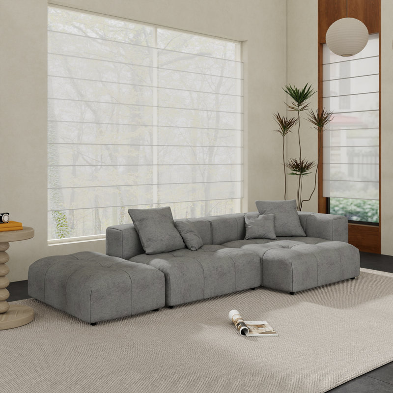 Kay Crumley 3-Piece Upholstered Bonless Modern Linen Blend Fabric Sectional With Ottoman, Gray Linen Blend