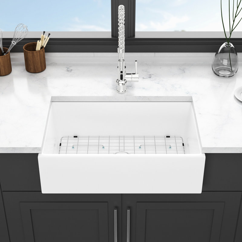 Évier de cuisine en céramique 33 po - blanc avec cuve simple encastrée à l'avant, évier chauffant et généreux, lavabo spacieux de 33 po x 18 po x 10 po pour la cuisine