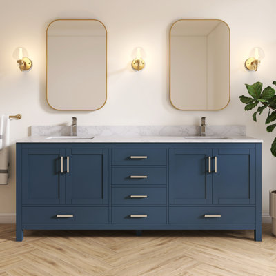 Meuble-lavabo double 84 po avec plateau en granite blanc Aura