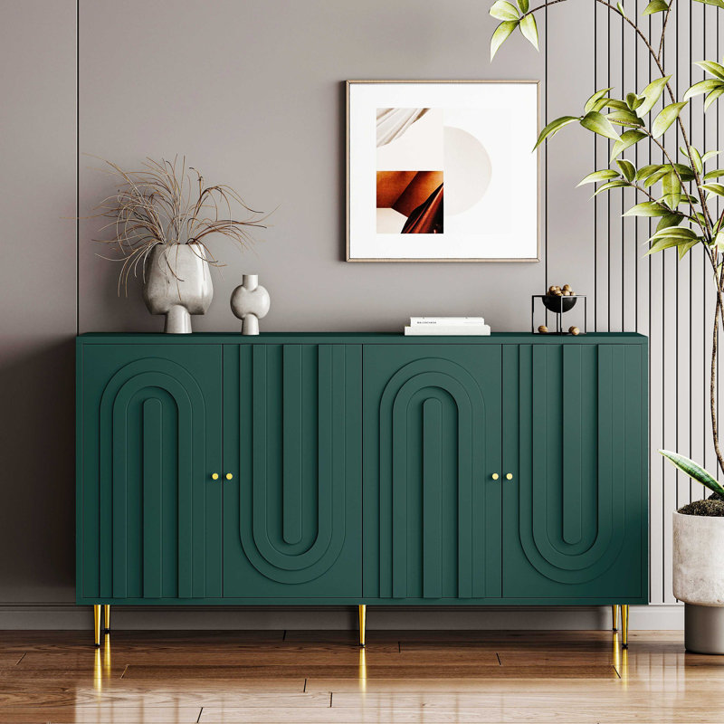 Modern Lacquered 4 Door Wooden Cabinet Sideboard Buffet Server Cabinet Storage Cabinet, 33.73" H x 59.83" W x 15.73" D, Green