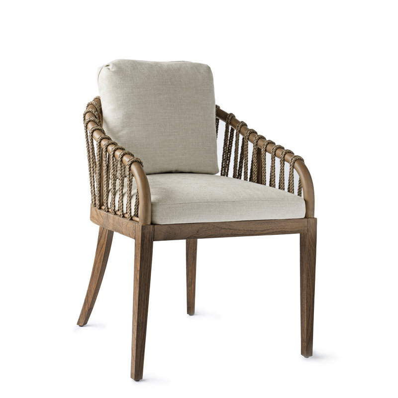 Beige Rattan and Teak Arm Chair with Cushions