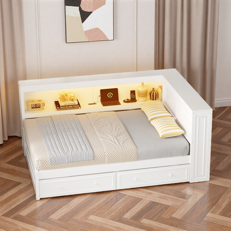 Multiple Daybed With Storage Shelves, Usb, Led, And 2 Drawers, White