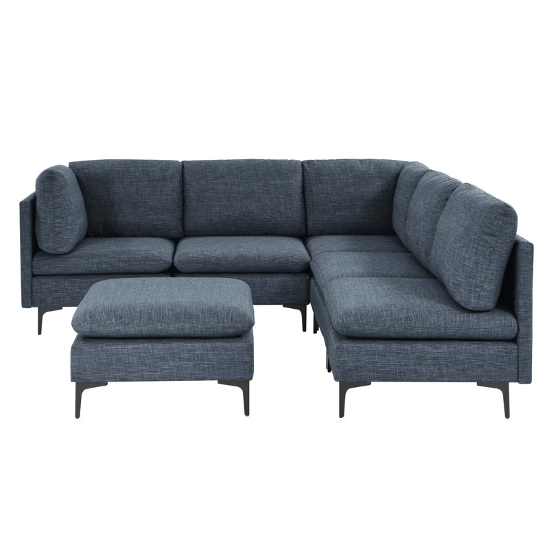 Canapé modulaire en lin bleu foncé, 5 places, L 93,5 po x l 91,0 po x H 35,0 po